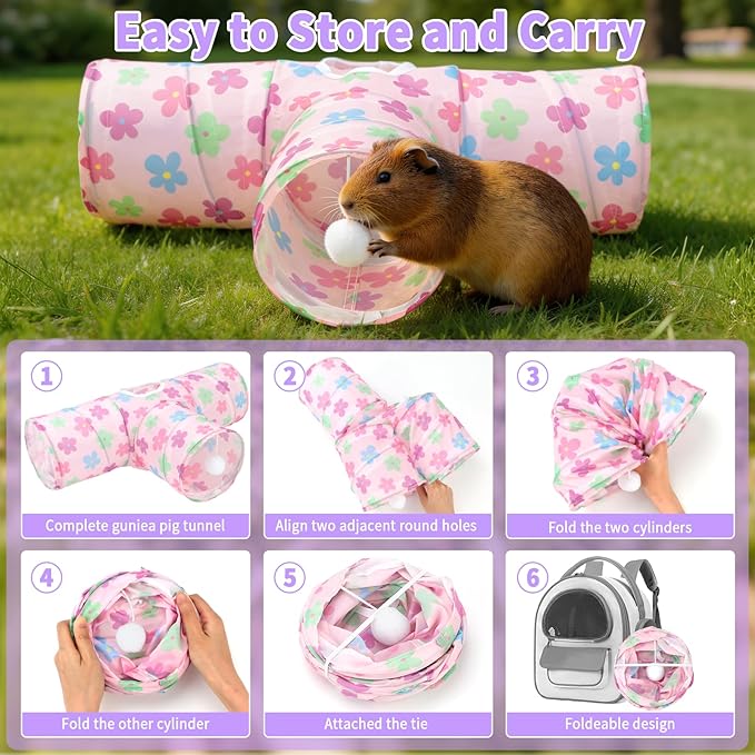 Rypet 3-Way Guinea Pig Tunnel, Collapsible Small Animal Enrichment Toy with Ball, Foldable Rabbit & Hamster Tunnel for Boredom Relief, Washable, Indoor/Outdoor Play