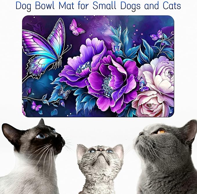 Dog Food Mat, 19.6" x 23.6" Absorbent Pet Feeding Mat for Food and Water, Waterproof Diatom Mud Pet Placemat with Non-Slip Rubber Backing, Cat Bowl Mat for Floors - Purple Butterfly Peony