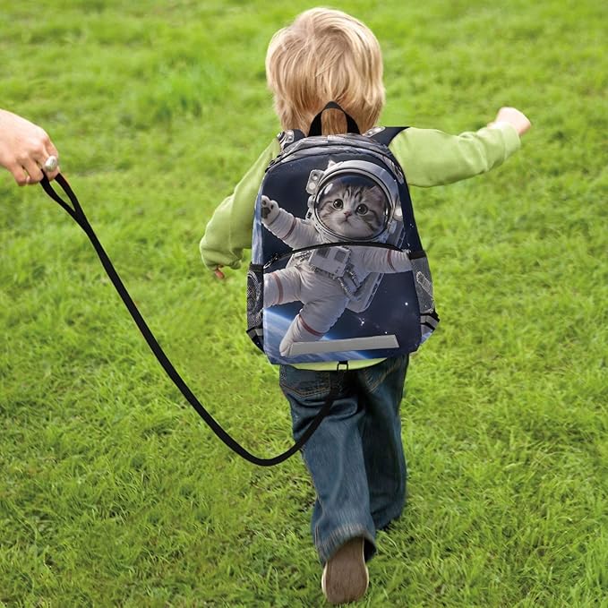 Astronaut Cat Toddler Backpack with Harness Leash Chest Buckle, Kids Schoolbag for Nursery Kindergarten Girls Boys 10.2×5.9×12.9 inch