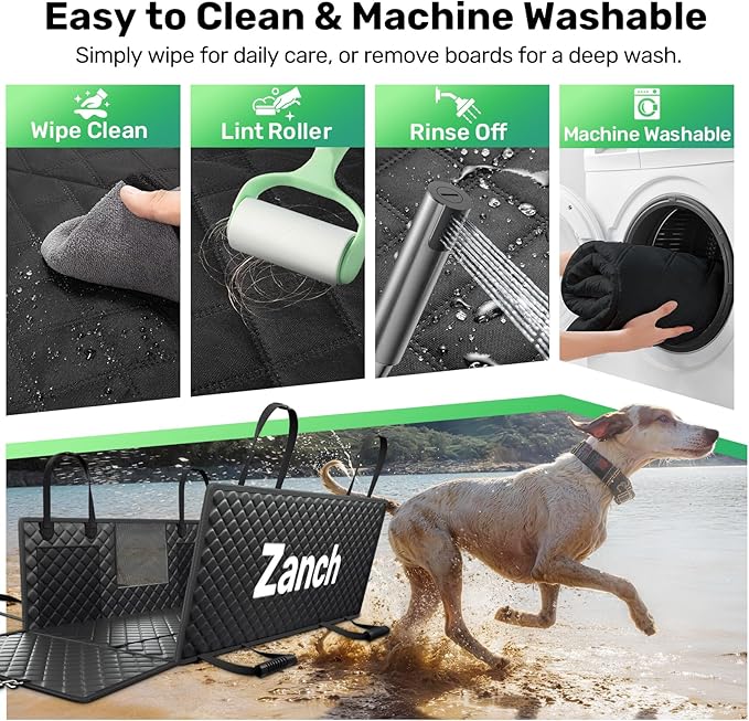 Zanch Heavy-Duty Dog Car Seat Cover, Flat Solid Back Seat Extender for Multi Large Dogs, Hard Bottom Supports 450 lb, Waterproof Scratchproof Hammock Protector, Standard for Cars, SUV, Trucks, Black