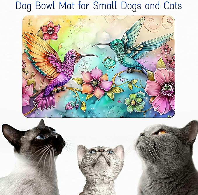 Dog Food Mat, 15.7" x 23.6" Absorbent Pet Feeding Mat for Food and Water, Waterproof Diatom Mud Pet Placemat with Non-Slip Rubber Backing, Cat Bowl Mat for Floors - Hummingbird Flower 2
