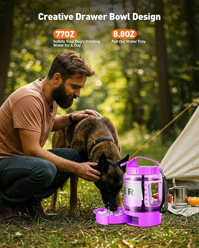Dog Water Bottle Portable - 77 oz Dog Water Bottle with Bowl Leak Proof, 2 in 1 Pet Travel Cup Suitable Outdoor, Camping, Walking, Beach, Hunting, Large Pet Gear for Dog Lovers (Purple)