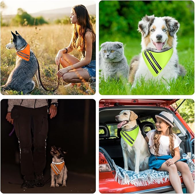Huhumy 2 Pcs Reflective Dog Bandana with Neon Orange Green Color High Visibility Reflective Dog Scarf Safety Gear Hook and Loop Tape Triangle Bib Accessories for Hunting Walking Camping