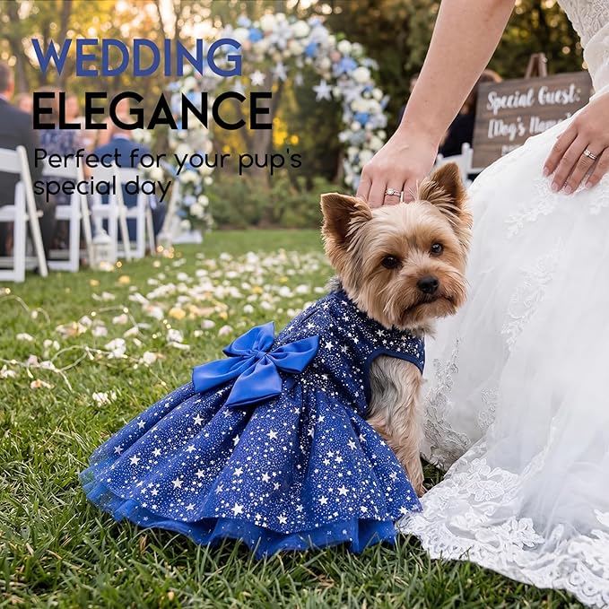 ASENKU Dog Dress Pet Wedding Dress Princess Lace Puppy Birthday Party Outfit Formal Apparel Girl for Small Medium Dogs Cats (2XL, Navy Star)