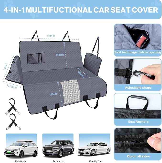 ZRRAJOY Dog Car Seat Cover for Back Seat, Waterproof Protector with Side Flaps, Scratchproof Hammock, Non-Slip Bottom for Cars/Trucks/SUVs (Grey)