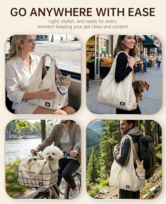 Dog Purse Carrier for Small Dogs Cats & Puppies, Soft-Sided Collapsible Pet Bag with 4 Large Pockets & Support Cushion, Breathable Lightweight Travel Carrier Fits Pets up to 13 lbs, Beige