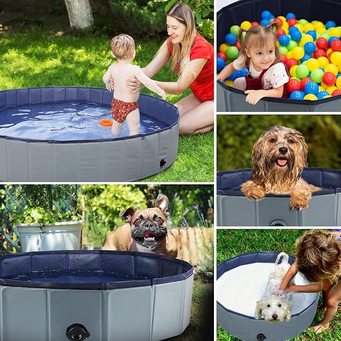 Eooqi Foldable Dog Pool, Portable Pet Bath Tub and Kiddie Swimming Pool, Collapsible Bathtub for Puppies, Small, Medium and Large Dogs, Cats and Kids, 71 x 12in, Gray