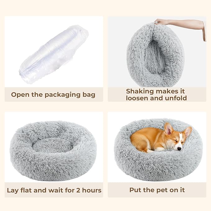 Calming Donut Dog and Cat Bed for Indoor Cats, Anti-Anxiety Round Fluffy Soft Washable Small Medium Pet Bed for Puppy and Kitten, Warming Comfortable Luxury Anti-Slip Waterproof Mute Base 24in Gray