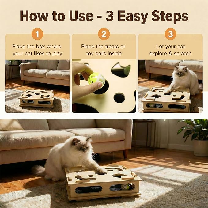 Cat Nail File Scratcher Box, Wooden Cat Scratch Puzzle Enrichment Box with Replaceable Sandpaper Inserts, Interactive Indoor Cat Nail File Toy for Small & Medium Cat