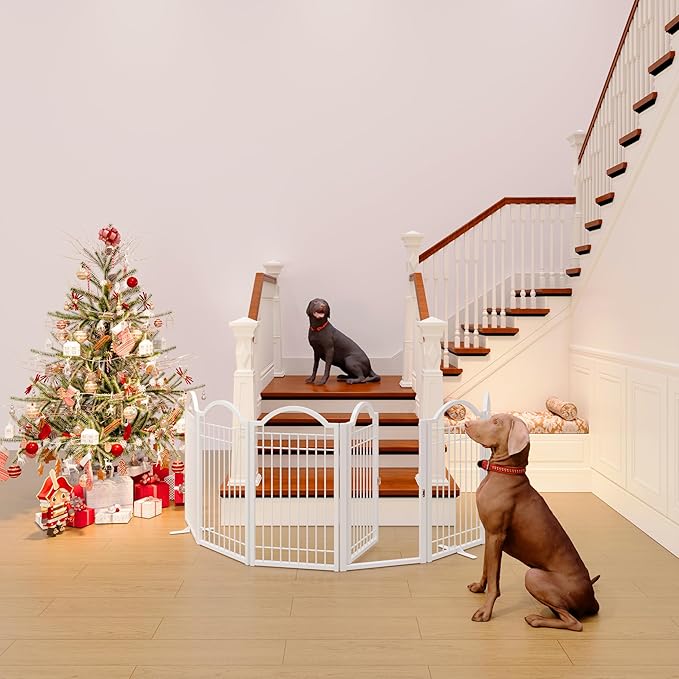 BHG Metal No-Assembly Freestanding Dog Gate with Door Walk Through, Extra Wide 120", Extra Tall 30" Pet Gate, Accordion Puppy Folding Playpen Dog Fence for Indoor & Outdoor, with 2PCS Support - White