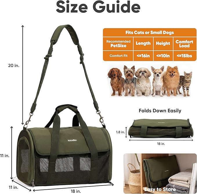 FUKUMARU Cat Carrier, Light & Airy Pet Carrier, 18x11x11 Airline Approved Dog Carrier for Small Dogs, Collapsible Soft Cat Travel Carrier with Anti-Scratch Mesh, Green