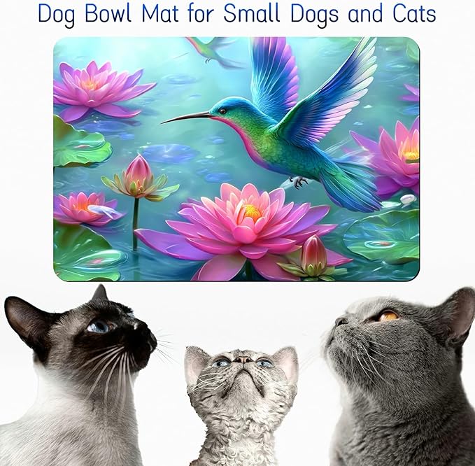 Dog Food Mat, 19.6" x 23.6" Absorbent Pet Feeding Mat for Food and Water, Waterproof Diatom Mud Pet Placemat with Non-Slip Rubber Backing, Cat Bowl Mat for Floors - Lotus Leaf Hummingbird