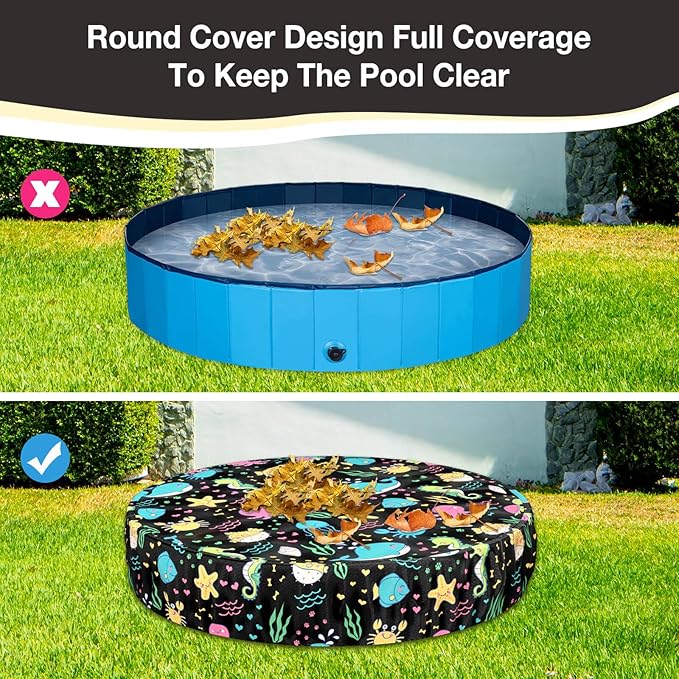 Foldable Round Dog Swimming Pool Cover, for 32 "/63“/48” Collapsible Outdoor Tub, PVC Coating Waterproof and UV Protection, Leakproof Washable Kiddie Pet Small Paddling Bath Accessories
