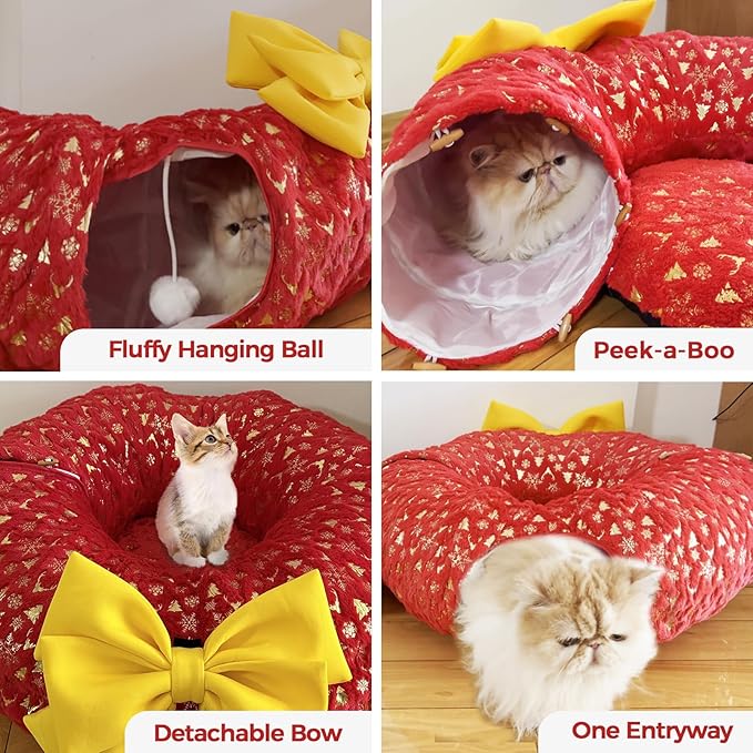 Homimp Christmas Cat Tunnel for Indoor with Bowtie, Cat Christmas Tree Large Tube Playground with Washable Circle Cushion and Plush Ball Toy, Round Pet Peekaboo Cave Toy for Kitten/Puppy/Rabbit,Red
