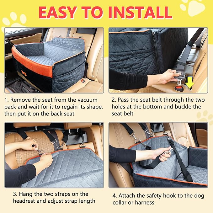 Dog Car Seat for Medium Large Dogs, Detachable Washable Pet Booster Seat with Memory Foam Cushion, Side Pockets, 2 Clip-On Safety Leashes Pet Car Seat for Dog Up to 60 lbs/2 Small Dogs-Black