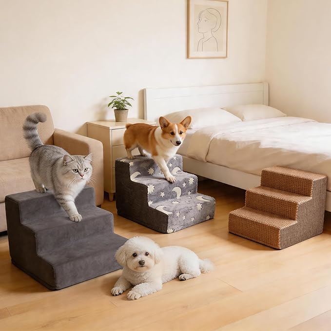 Pawise 3 Step Dog Stairs for Small Dogs Cats, Blue Suede Pet Steps, Non-Slip Pet Stairs for Couch Sofa Bed, Indoor Portable Dog Ramp with Zipper Bottom for Medium Large Dogs and Puppy