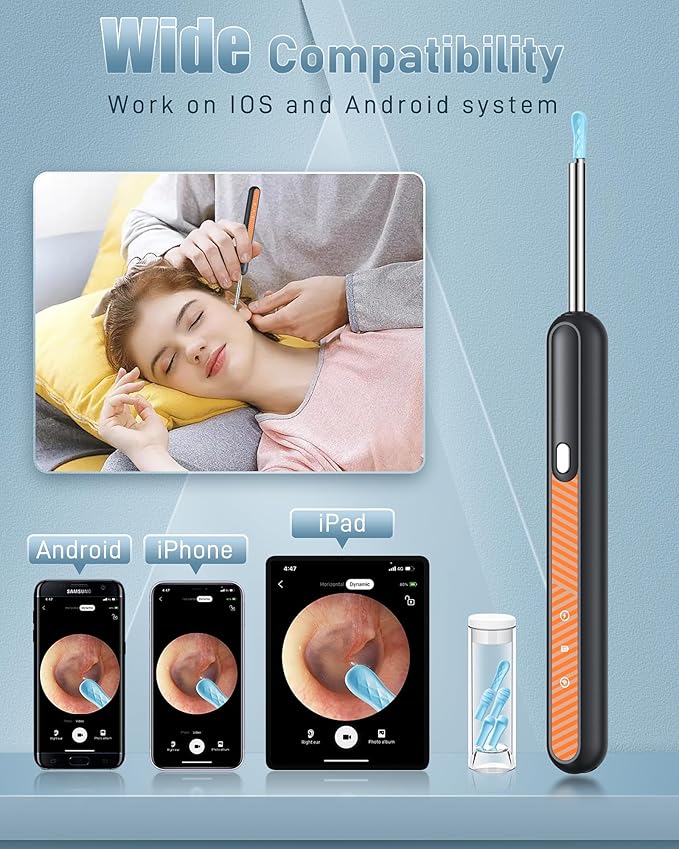 Loyker Ear Wax Removal Tool Camera, Ear Cleaner with 1080P Camera, Earwax Removal Cleaning Kit with 6 Ear Pick, Otoscope for iPhone, iPad, Android Phones, Orange