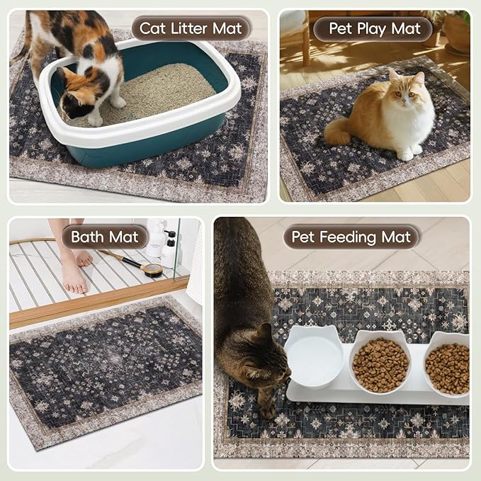 Cat Litter Mat Litter Trapping Mat, 33"x22" Waterproof Urine Proof Litter Box Mat Catcher Mat Non-Slip Washable for Kitty Kitten, Black