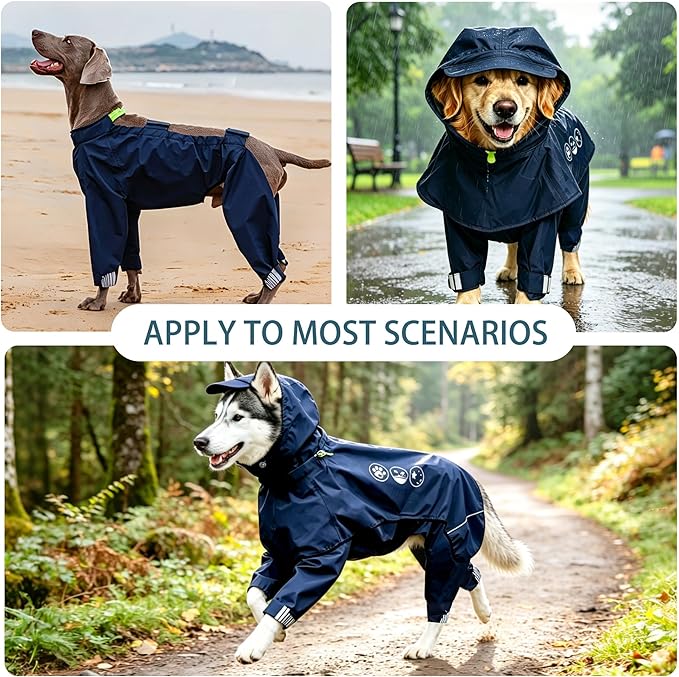 Dog Raincoat, Full-Body Hooded All-Weather Jacket, Waterproof and Windproof with Reflective Strips, Suitable for Large Dogs, M