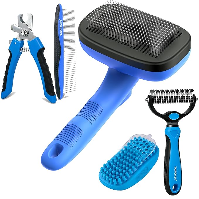 Self Cleaning Slicker Brush & Dog Brush Grooming Rake & Bath Brush & Nail Clippers & Pet Comb for Pets,Deshedding Dematting Tool for Long and Short Haired Dogs & Cats,Blue 5 PCS