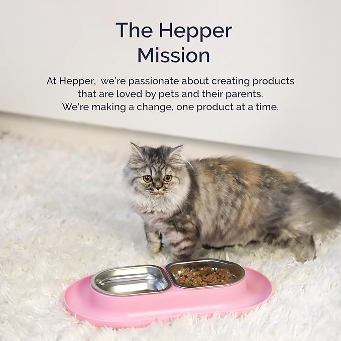 Hepper NomNom - Spill Proof Elevated Cat Bowls for Food and Water - Whisker Relief Bowl + Raised Cat Food Bowls: a Safe Dish for Messy Cats - Stainless Steel Bowl Station (Pink)