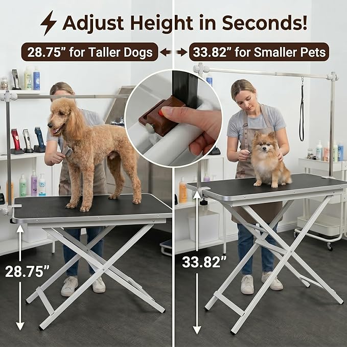 ApexDesk ProPaw Series 46" x 24" Dog Grooming Table, Foldable Heavy Duty Steel Frame, Adjustable Height (28.75"/33.82"), Height-Adjustable Grooming Arm, Non-Slip Waterproof Top, 260 lb Capacity