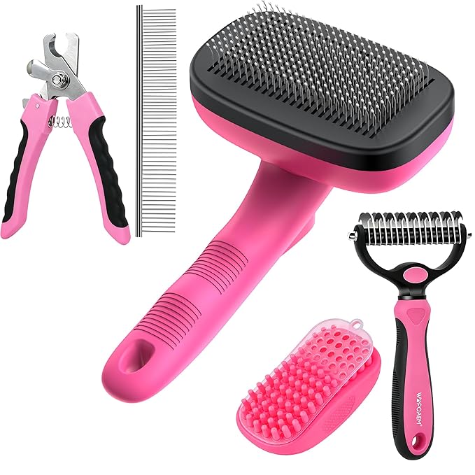 Self Cleaning Slicker Brush & Dog Brush Grooming Rake & Bath Brush & Nail Clippers & Pet Comb for Pets,Deshedding Dematting Tool for Long and Short Haired Dogs & Cats,Pink 5 PCS