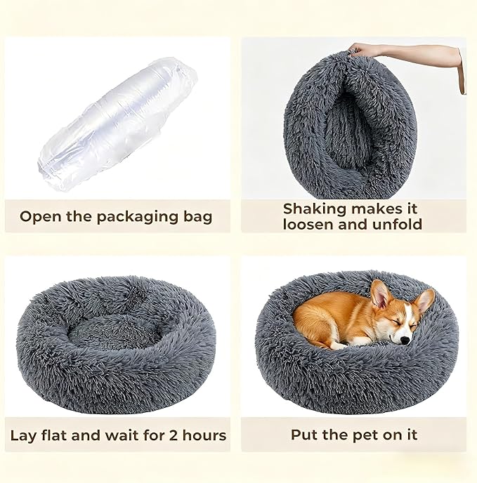 Calming Donut Dog and Cat Bed for Indoor Cats, Anti-Anxiety Round Fluffy Soft Washable Small Pet Bed for Puppy and Kitten, Warming Comfortable Luxury Anti-Slip Waterproof Mute Base 20in Dark Gray