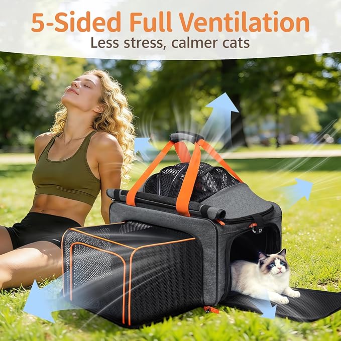 Cat Pet Dog Carrier Soft Sided Airline Approved, Large Foldable Travel Cat Bag for Kittens & Puppies Up to 15 Lbs, Top Loading Mesh, Expandable Breathable Comfort for Transport Scenarios