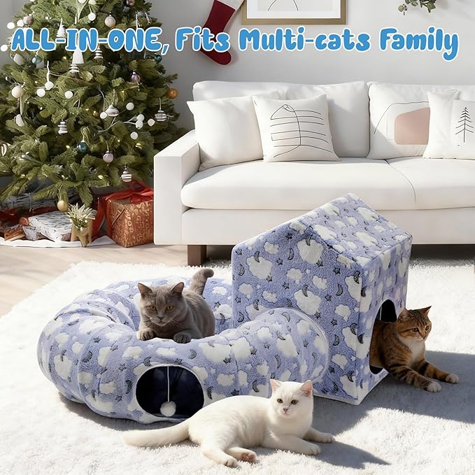 Pawaboo Cat Tunnel Bed for Indoor Cats, Cute Cat Donut Tunnel with Square House, Peekaboo Pet Cave Play Tunnels with Cave for Kitten/Rabbit, Basic Soft Blue