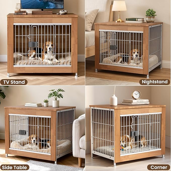 Wooden Dog Crate Furniture, 27in Dog Cage Furniture with Slide Safety Latch, Indoor Decorative End Table for High Anxiety Dogs, Furniture Style Dog Crate for Small to Medium Dogs, Oak