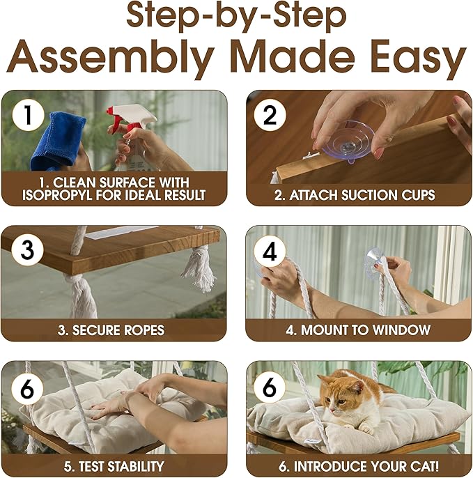 Cat Window Perch, Indoor Hammock Bed with Solid Pine Wood, 4 Industrial-Grade Suction Cups, Window Hammock with Soft Cushion for Cats, Space Saving Design
