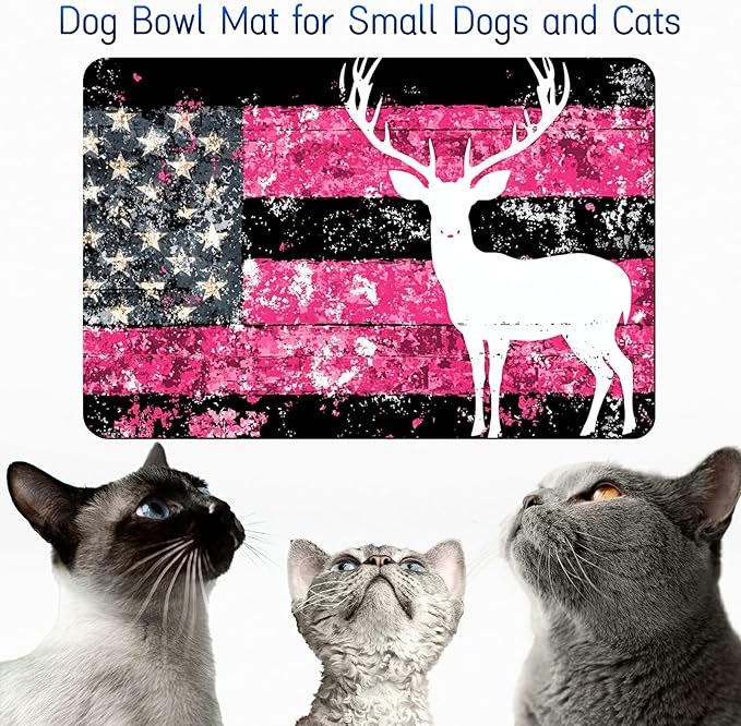 Dog Food Mat, 19.6" x 23.6" Absorbent Pet Feeding Mat for Food and Water, Waterproof Diatom Mud Pet Placemat with Non-Slip Rubber Backing, Easy Clean Cat Bowl Mat for Floors - Pink Flag Deer