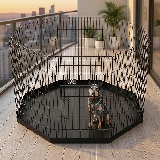 PJYuCien Octagonal Dog Playpen with Bottom Pad - Metal Foldable Exercise Pen, 8 Panels 42" H x 24" W Indoor Outdoor Pet Fence Puppy Crate Kennel, Black