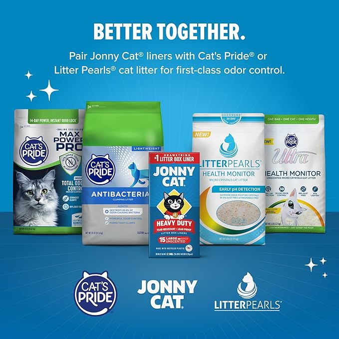 Jonny Cat Litter Box Liners: Heavy Duty - Tear & Leak Resistant - Drawstring Close - Jumbo, 15 Count