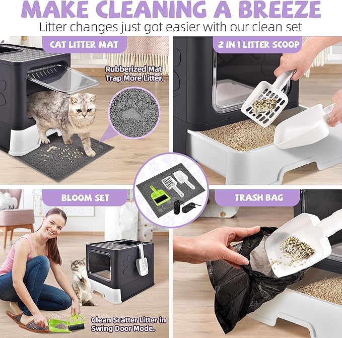 Covered Cat Litter Box with Litter Mat, Foldable Extra Large Dual Entry Adjustable Door, Drawer Design Enclosed Kitty Litter Box, Odor Control Anti-Splashing Easy Cleaning (Purple)