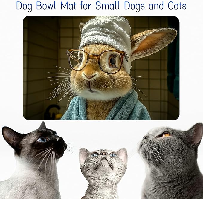 Dog Food Mat, 19.6" x 23.6" Absorbent Pet Feeding Mat for Food and Water, Waterproof Diatom Mud Pet Placemat with Non-Slip Rubber Backing, Easy Clean Cat Bowl Mat for Floors - Glasses Rabbit