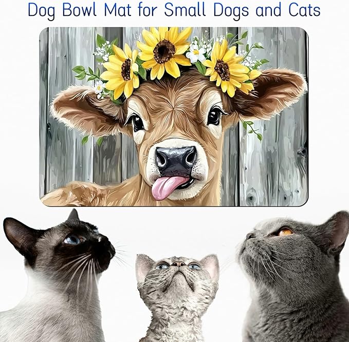 Dog Food Mat, 19.6" x 23.6" Absorbent Pet Feeding Mat for Food and Water, Waterproof Diatom Mud Pet Placemat with Non-Slip Rubber Backing, Cat Bowl Mat for Floors - Sunflower Yellow Cow