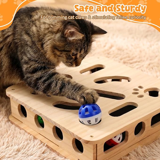 Cat Scratch Puzzle Enrichment Box, Cat Nail File Enrichment Box, Includes Replacement Sandpaper, 3 Bell Balls & 1 Teaser Wand,Wooden Puzzle Treat Toy Box Stimulate Cat Instincts for Bored Cats