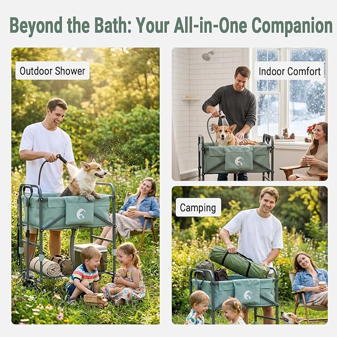 Elevated Dog Bath Tub for Small & Medium Dogs, 32.8"-40" 4-Level Adjustable Height Folding Pet Grooming Station with Wheels, Portable Dog Wash Station, 1000D PVC, Fits Dogs up to 33 lbs