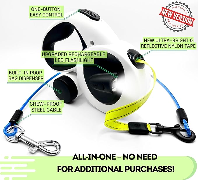 Snuggle Paws Retractable Dog Leash 16ft – Heavy Duty All-in-One Dog Leash with LED Flashlight, Poop Bag Holder, Chew Proof Steel Cable & Reflective Tape – Size M
