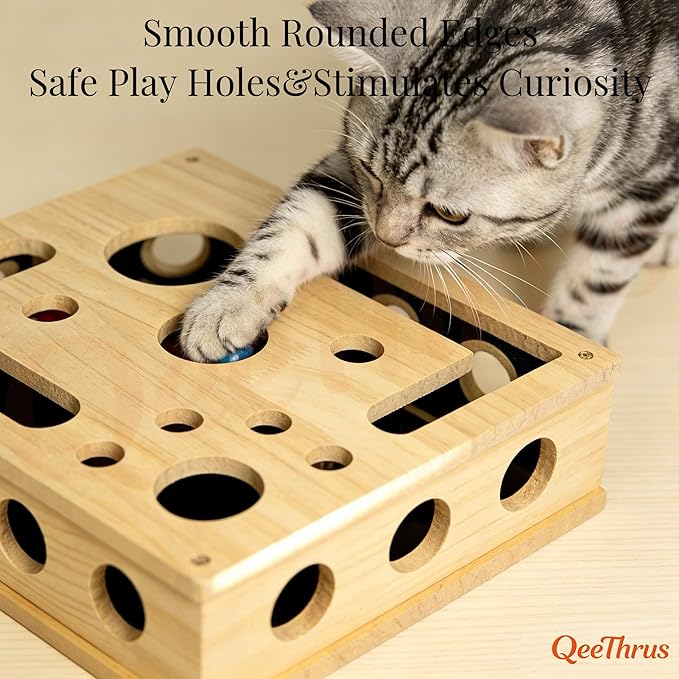 Cat Nail File Scratcher Puzzle Box, Wooden Claw Saver Maze with Built-in Sandpaper for Clipper-Free Claw Care, Treat Enrichment Toy for Indoor Cats