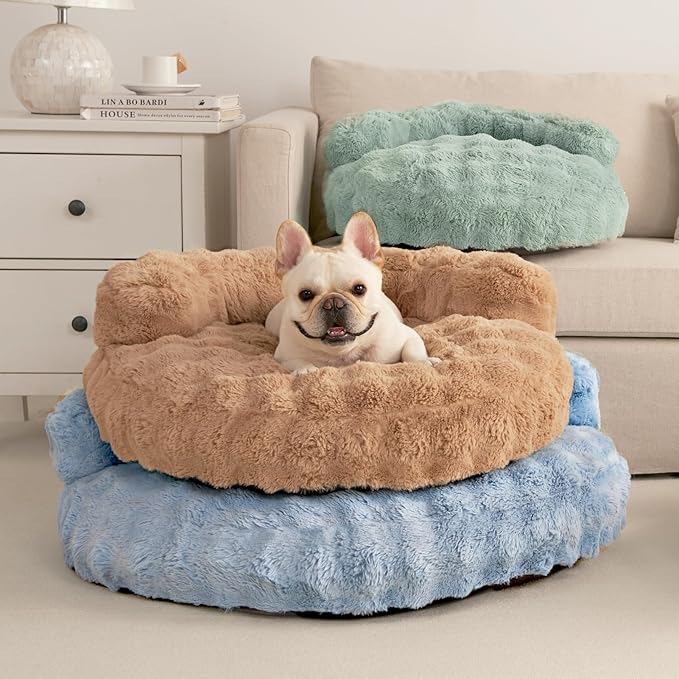 EHEYCIGA Soft Cat Couch Bed for Indoor Cats, Fluffy Small Dog Bed with Removable Washable Cover, Bolster Pet Sofa, Waterproof and Non-Slip, 23" x 23"x 7", Camel