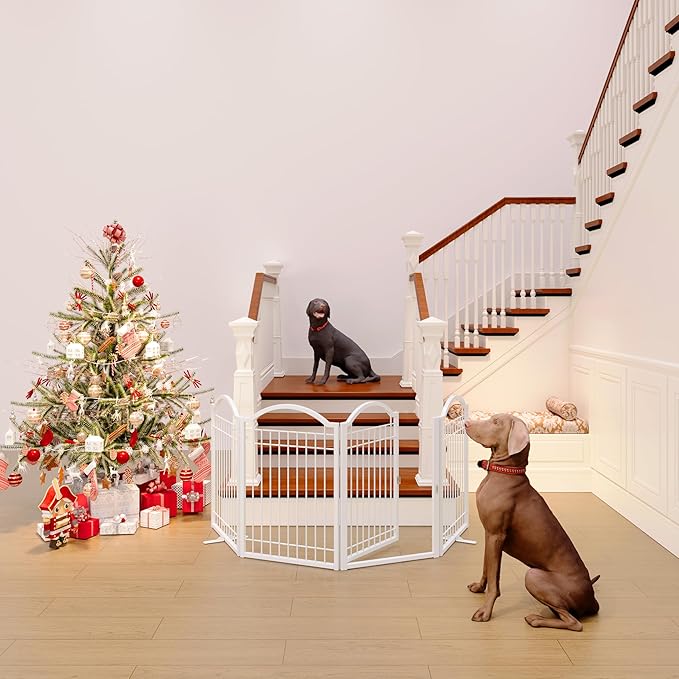 BHG Metal No-Assembly Freestanding Dog Gate with Door Walk Through, Extra Wide 96", Extra Tall 32" Pet Gate, Accordion Puppy Folding Playpen Dog Fence, with 2PCS Support (White, 4 Panels)