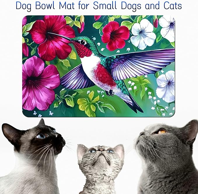 Dog Food Mat, 15.7" x 23.6" Absorbent Pet Feeding Mat for Food and Water, Waterproof Diatom Mud Pet Placemat with Non-Slip Rubber Backing, Cat Bowl Mat for Floors - Petunia Hummingbird