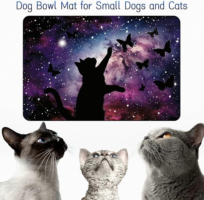 Dog Food Mat, 15.7" x 23.6" Absorbent Pet Feeding Mat for Food and Water, Waterproof Diatom Mud Pet Placemat with Non-Slip Rubber Backing, Easy Clean Cat Bowl Mat for Floors - Black Cat Stars
