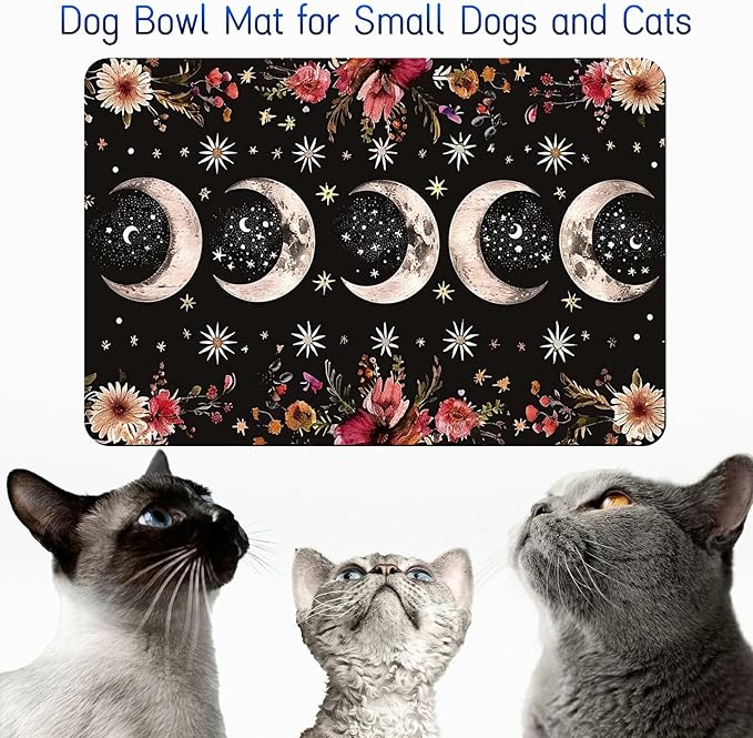 Dog Food Mat, 19.6" x 23.6" Absorbent Pet Feeding Mat for Food and Water, Waterproof Diatom Mud Pet Placemat with Non-Slip Rubber Backing, Easy Clean Cat Bowl Mat for Floors - Red Flower Moon