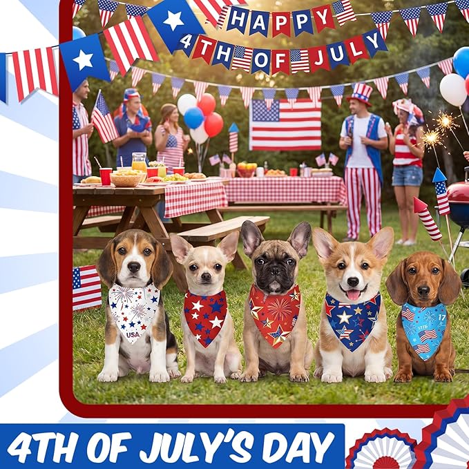 Weewooday 50 Pcs 4th of July Dog Bandanas Bulk for 1776 Patriotic 250th Anniversary Star Red White and Blue Independence Day Flag Scarf for Small Medium Large Outfit(Star, 19.7 x 13.8 x 13.8 Inch)