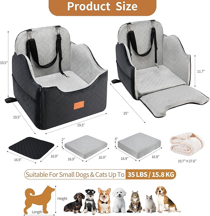 XEEP Dog Car Seat Bed for Small/Medium Dogs – Dog Booster Car Seat Up to 35 lbs -Use Travel Booster Seat with Memory Foam, Safety Belt, Bonus Urine Pad & Blanket, Removable Washable (Black/Grey)