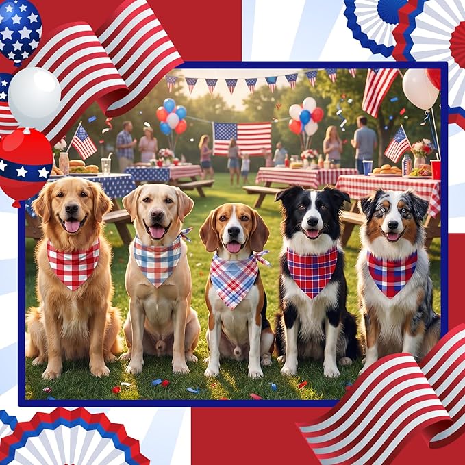 Abbylike 50 Pcs Patriotic Plaid Dog Bandanas Bulk 4th of July Bandanas for Dogs Triangle Kerchief Bib Scarf Set for Pet Independence Day 250th Anniversary Party Costume, 25 Styles(25.6 x 17.7 x 17.7)
